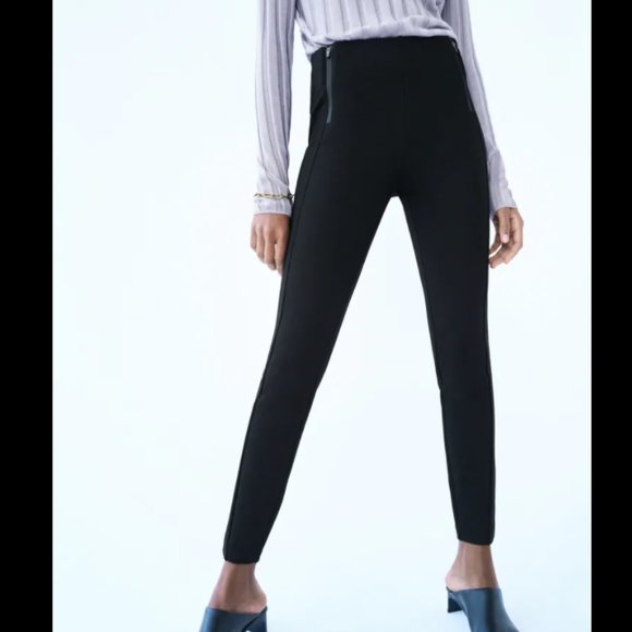 ZARA STRETCH BLACK ZIPPERED MID-RISE LEGGING PANT TROUSERS - Picture 8 of 9